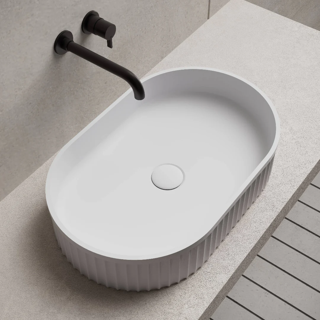 Riba 550mm Solid Surface Stone Fluted Oval Above Counter Basin - Image 5
