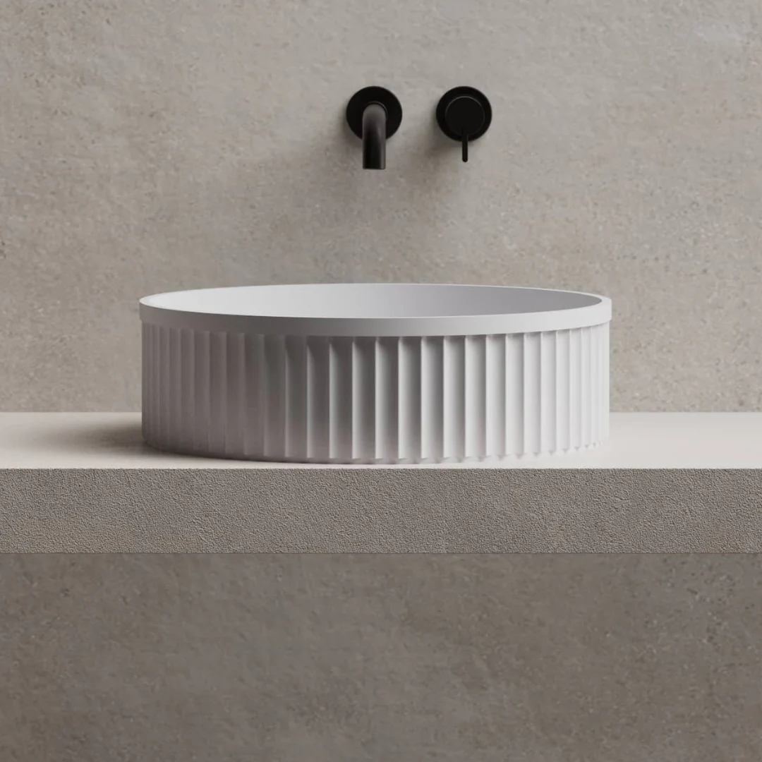 Ribo 400mm Solid Surface Stone Fluted Round Above Counter Basin