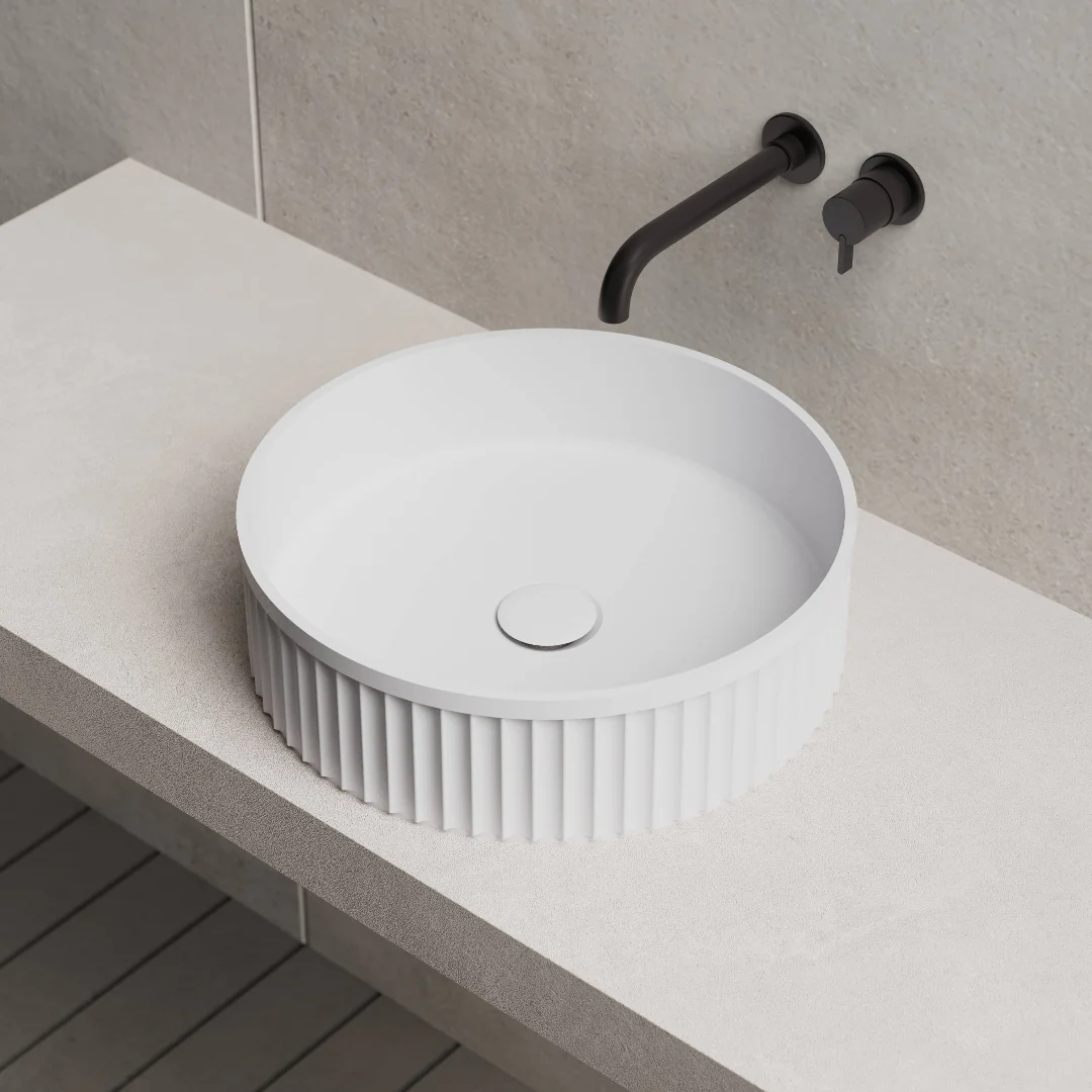 Ribo 400mm Solid Surface Stone Fluted Round Above Counter Basin - Image 2