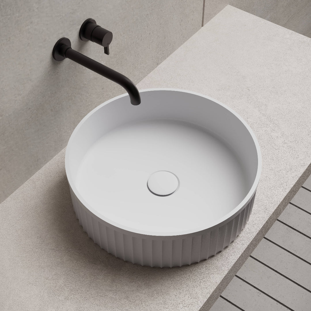 Ribo 400mm Solid Surface Stone Fluted Round Above Counter Basin - Image 5