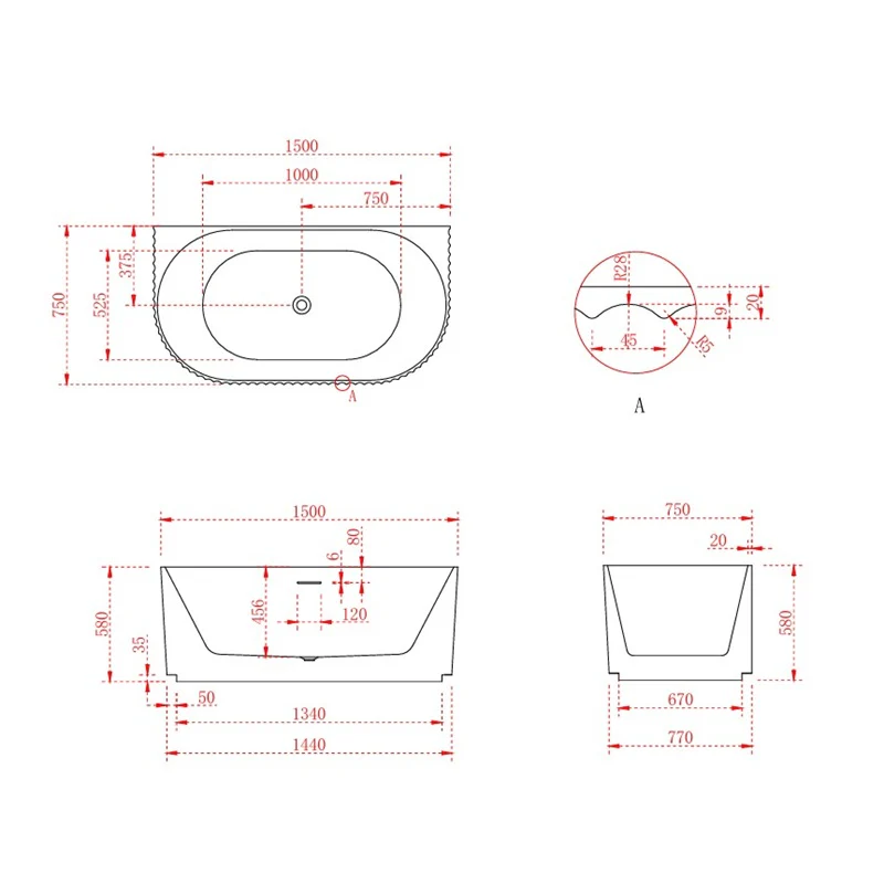 Rivata Fluted 1500mm Matte White Designer Back to Wall Round Freestanding Bath - Image 4