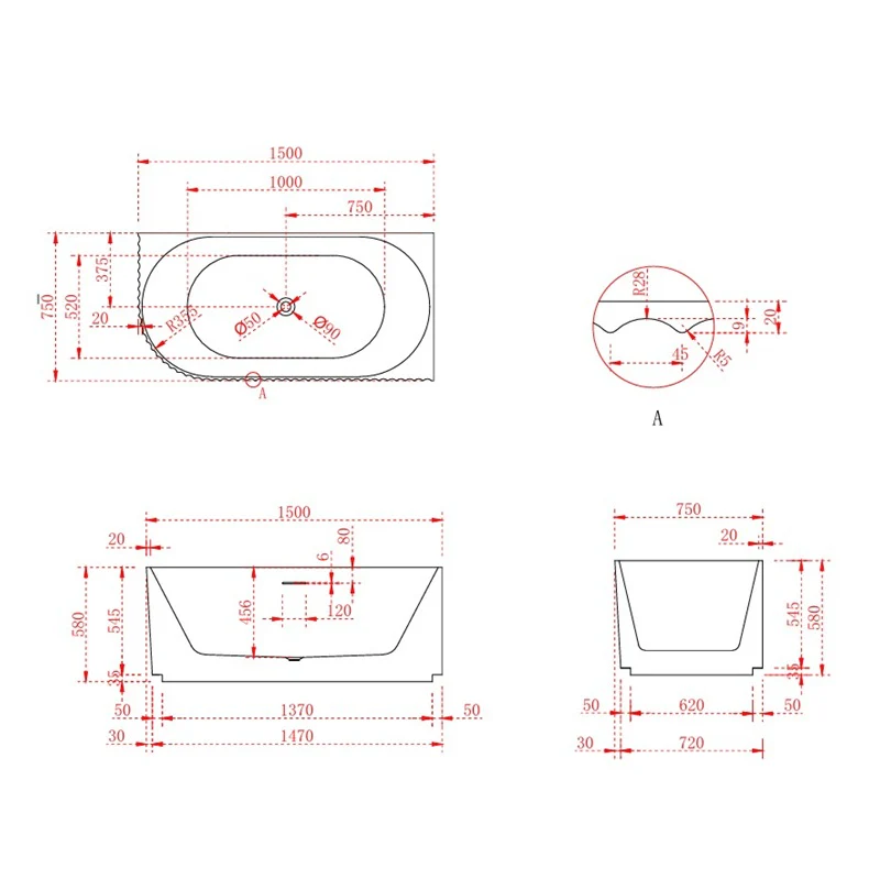 Rivata Fluted 1500mm Matte White Right Corner Fit Designer Round Freestanding Bath - Image 4