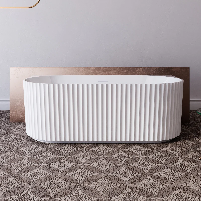 Rivata Fluted 1500mm Matte White Designer Back to Wall Round Freestanding Bath