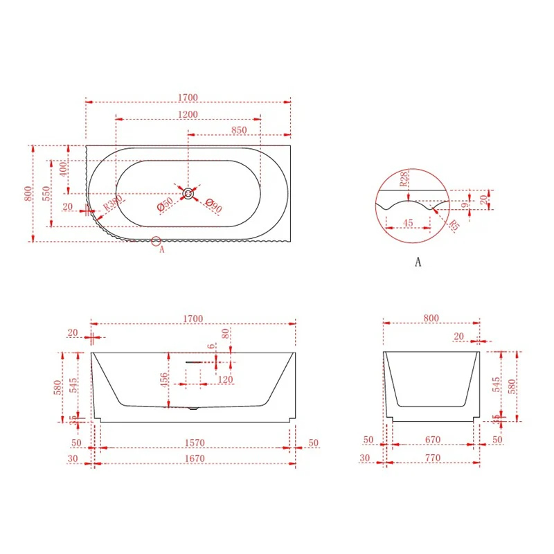 Rivata Fluted 1700mm Matte White Right Corner Fit Designer Round Freestanding Bath - Image 4