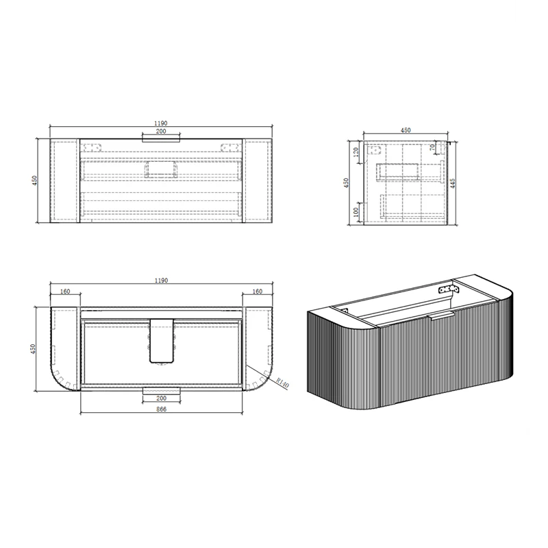 Ronda 1200 Curved Walnut Fluted Wall Hung Vanity - Image 4