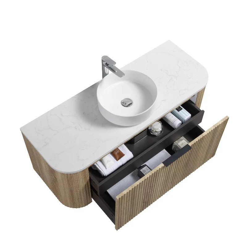 Ronda 1200 Curved White Oak Fluted Wall Hung Vanity - Image 4