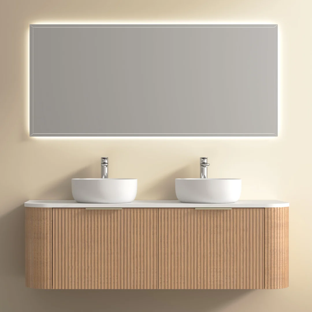 Ronda 1500 Curved Double Desert Oak Fluted Wall Hung Vanity