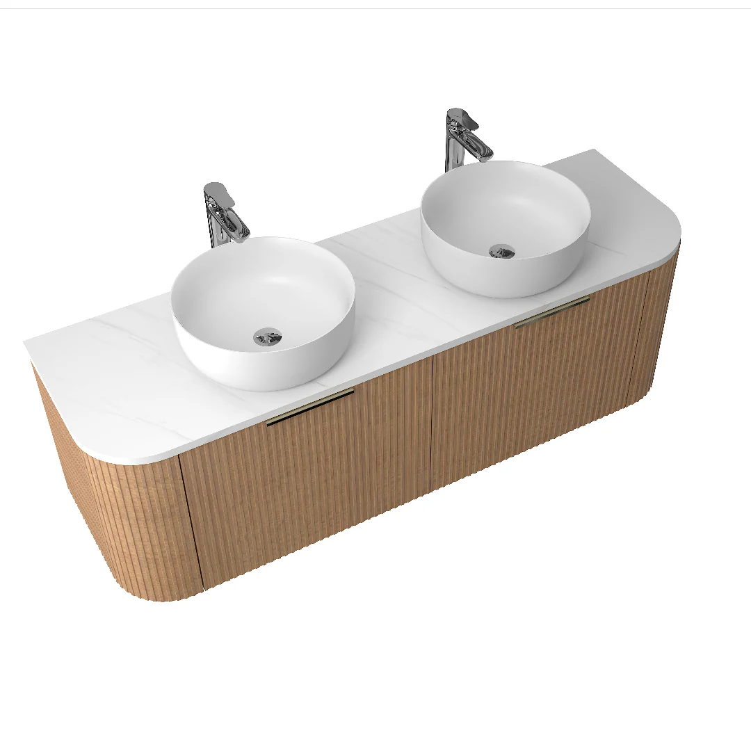 Ronda 1500 Curved Double Desert Oak Fluted Wall Hung Vanity - Image 2