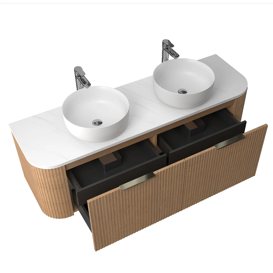 Ronda 1500 Curved Double Desert Oak Fluted Wall Hung Vanity - Image 3