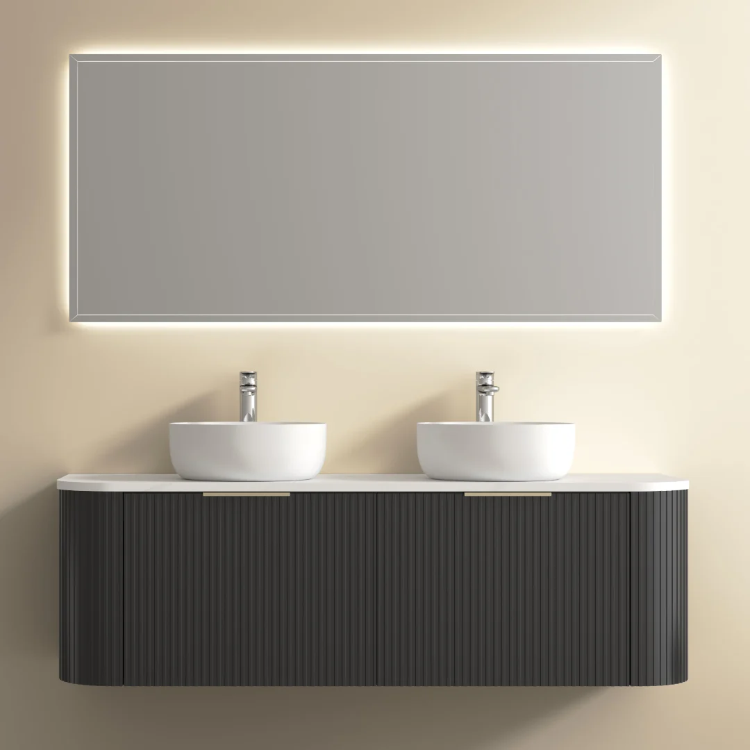 Ronda 1500 Curved Double Matte Black Fluted Wall Hung Vanity