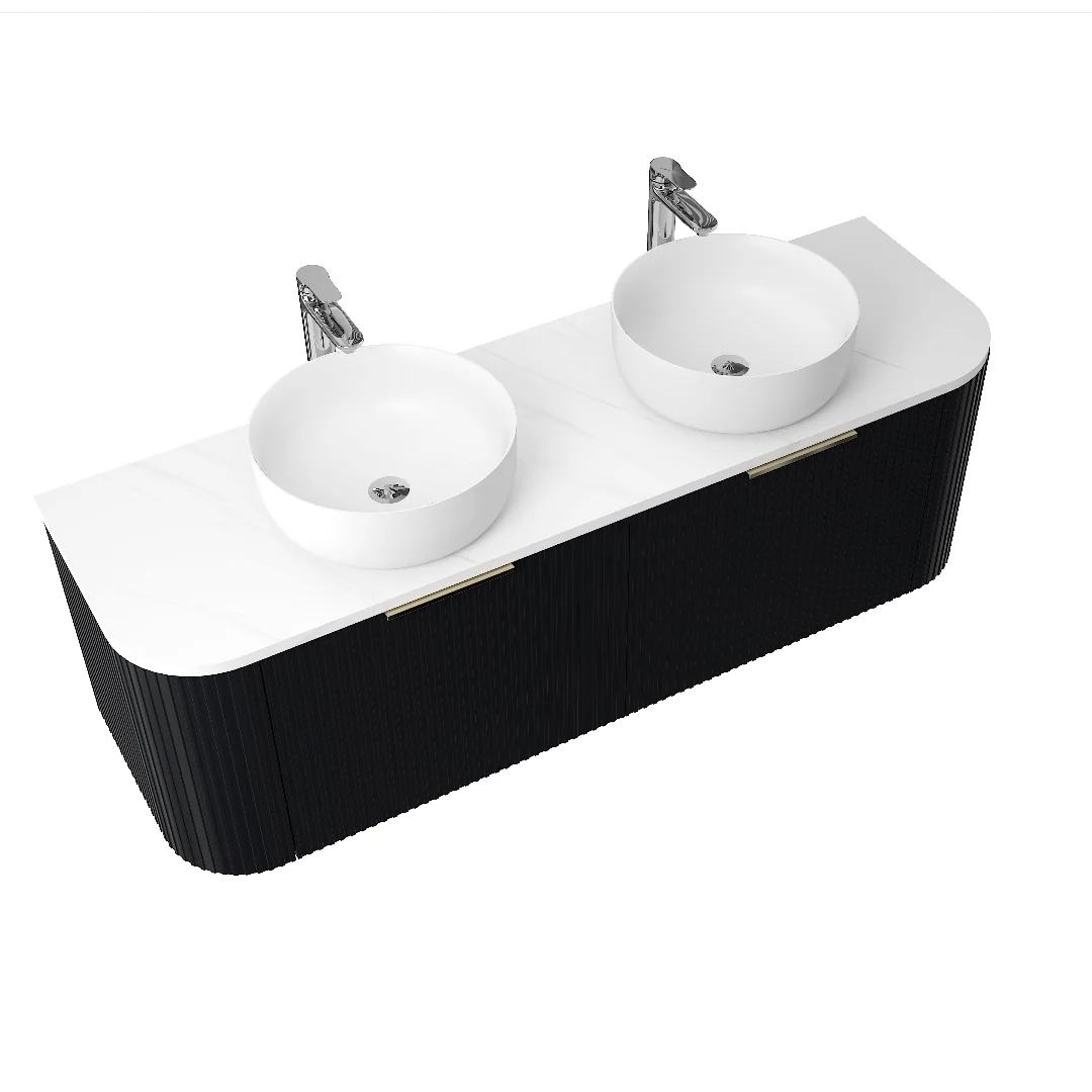 Ronda 1500 Curved Double Matte Black Fluted Wall Hung Vanity - Image 2