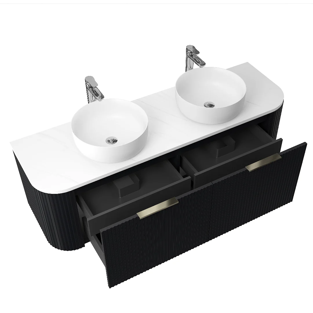 Ronda 1500 Curved Double Matte Black Fluted Wall Hung Vanity - Image 3