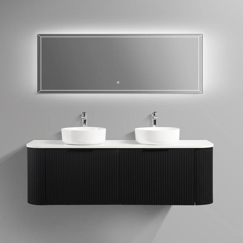 Ronda 1500 Curved Double Matte Black Fluted Wall Hung Vanity - Image 4