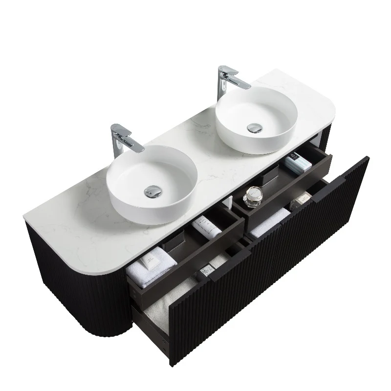 Ronda 1500 Curved Double Matte Black Fluted Wall Hung Vanity - Image 9
