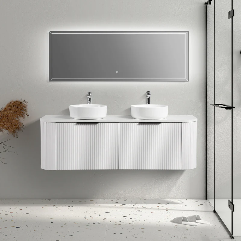 Ronda 1500 Curved Double Matte White Fluted Wall Hung Vanity - Image 2