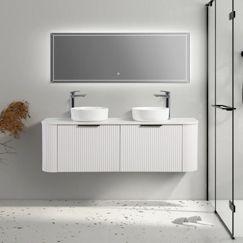 Ronda 1500 Curved Double Matte White Fluted Wall Hung Vanity - Image 3