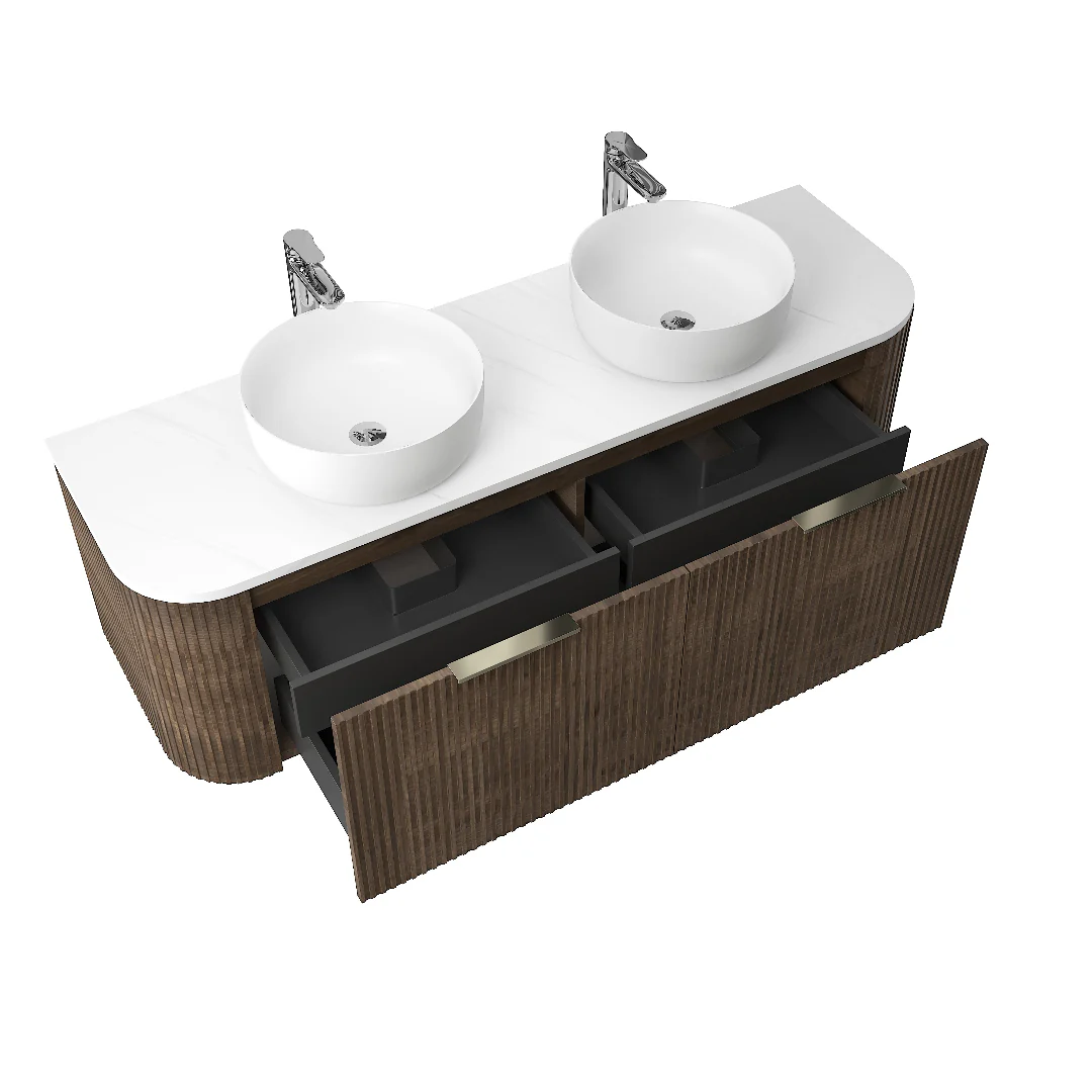 Ronda 1500 Curved Double Walnut Fluted Wall Hung Vanity - Image 2