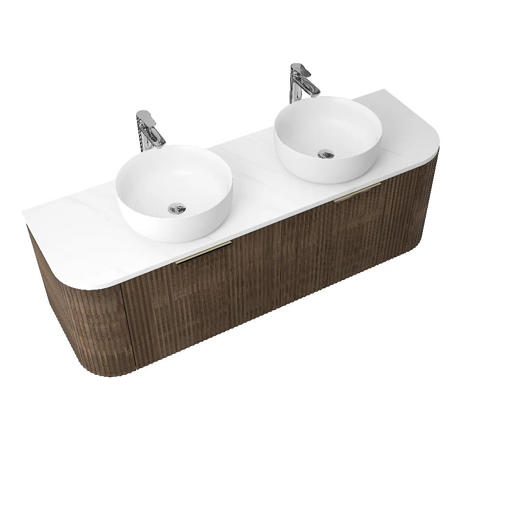 Ronda 1500 Curved Double Walnut Fluted Wall Hung Vanity - Image 3