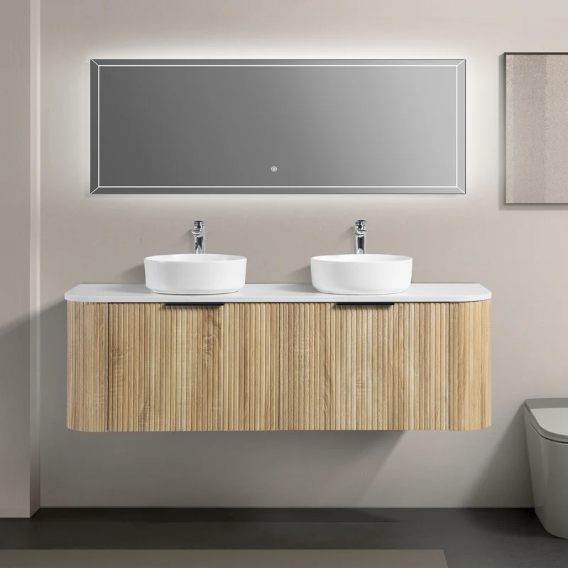 Ronda 1500 Curved Double White Oak Fluted Wall Hung Vanity