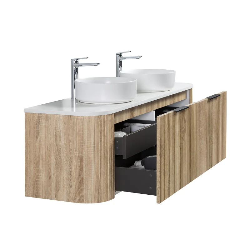Ronda 1500 Curved Double White Oak Fluted Wall Hung Vanity - Image 4