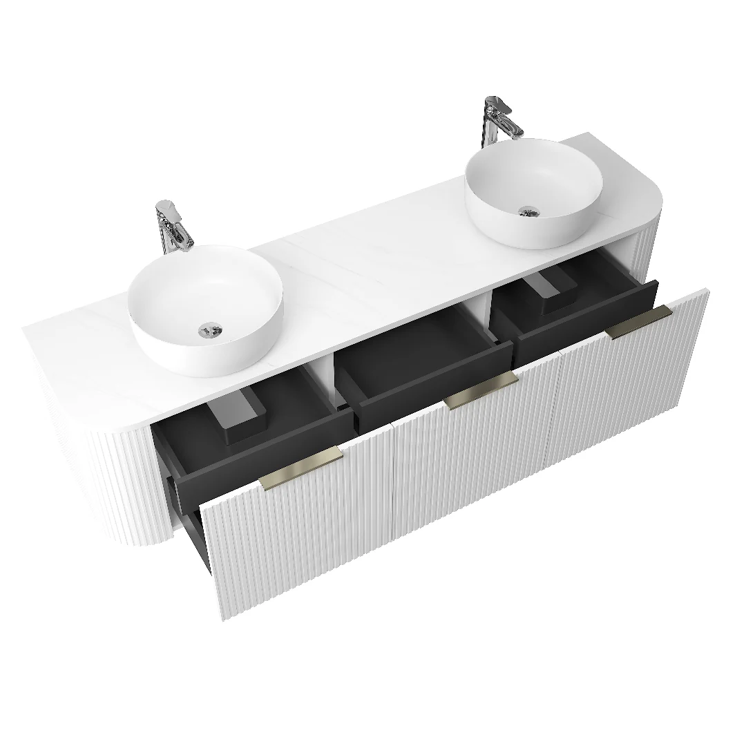 Ronda 1800 Curved Double Matte White Fluted Wall Hung Vanity - Image 3