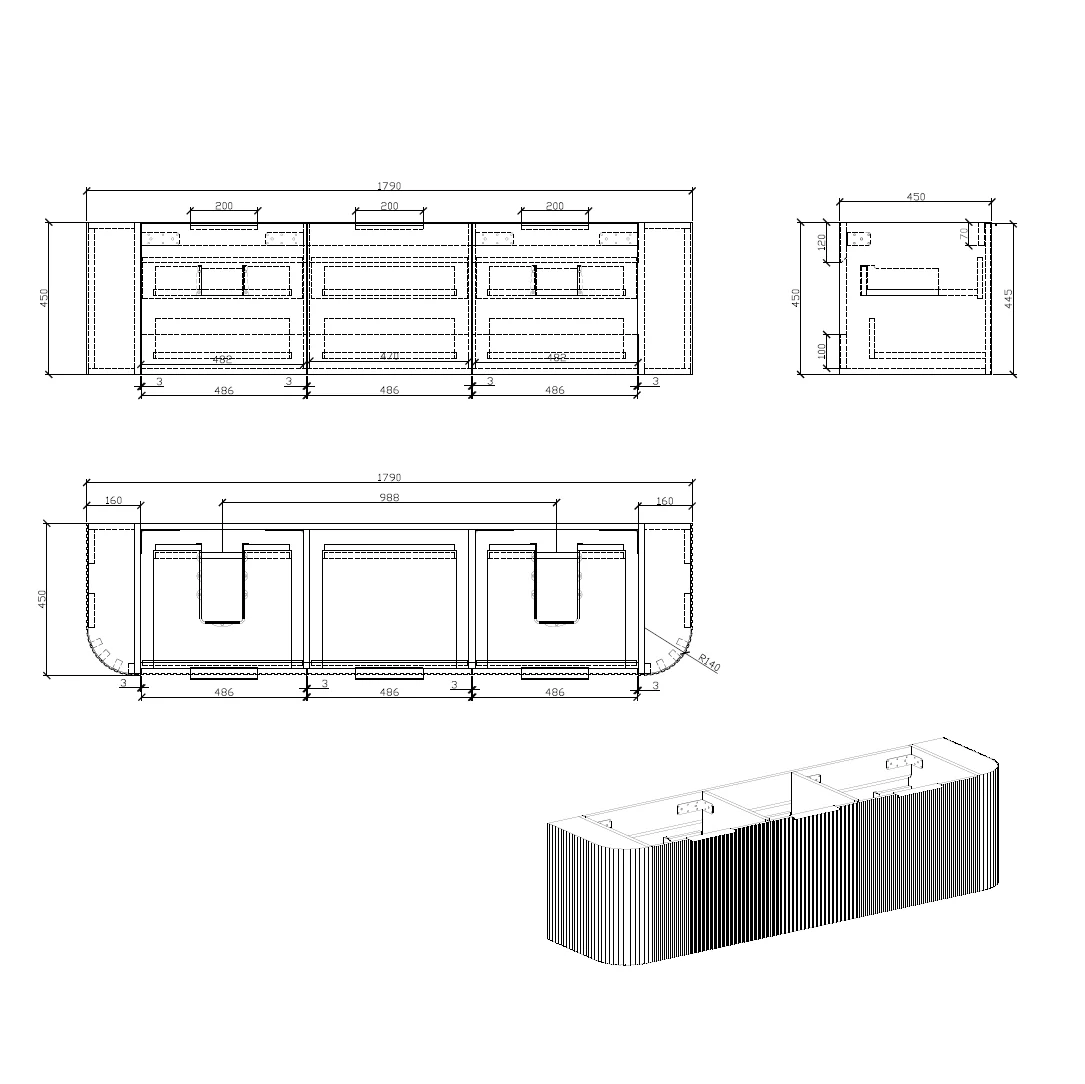 Ronda 1800 Curved Double Matte Black Fluted Wall Hung Vanity - Image 4