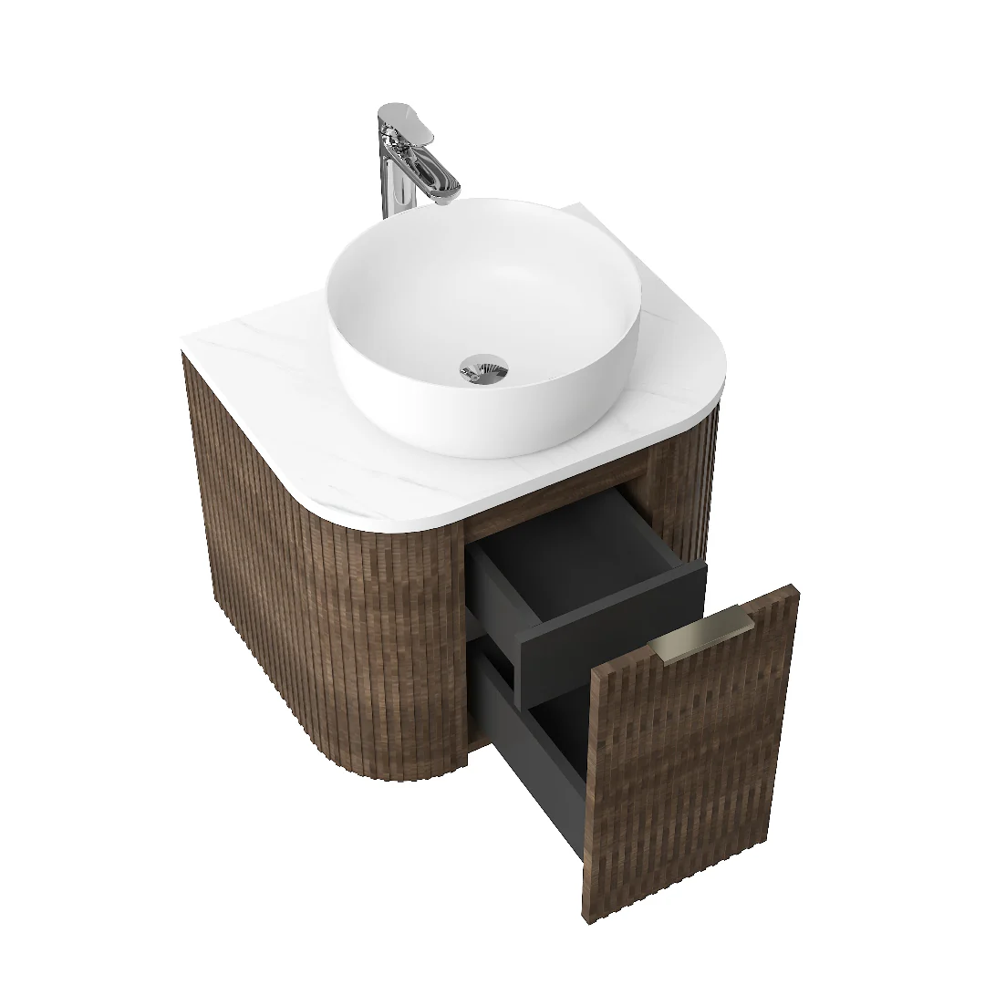 Ronda 600 Curved Walnut Fluted Wall Hung Vanity - Image 3