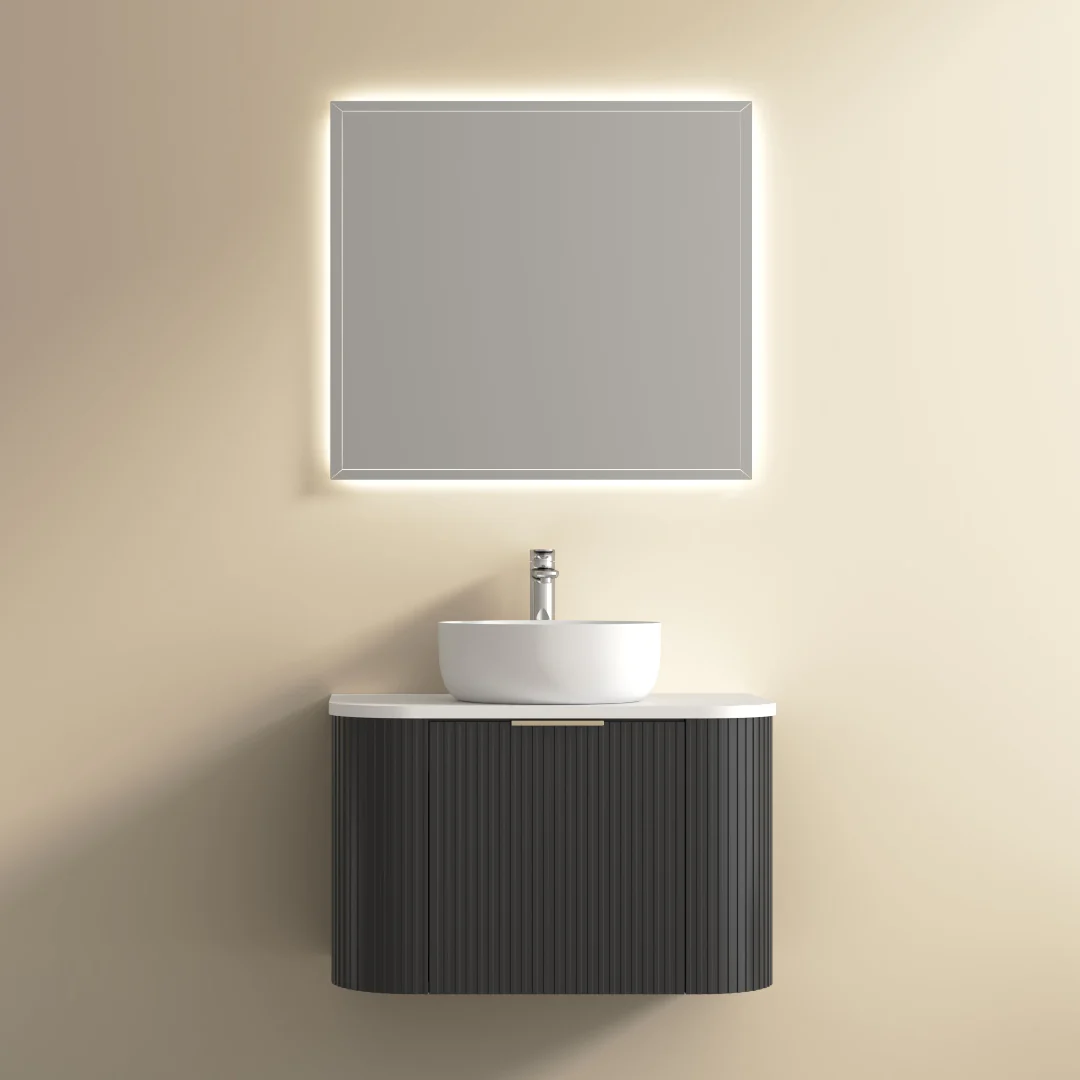 Ronda 750 Curved Matte Black Fluted Wall Hung Vanity