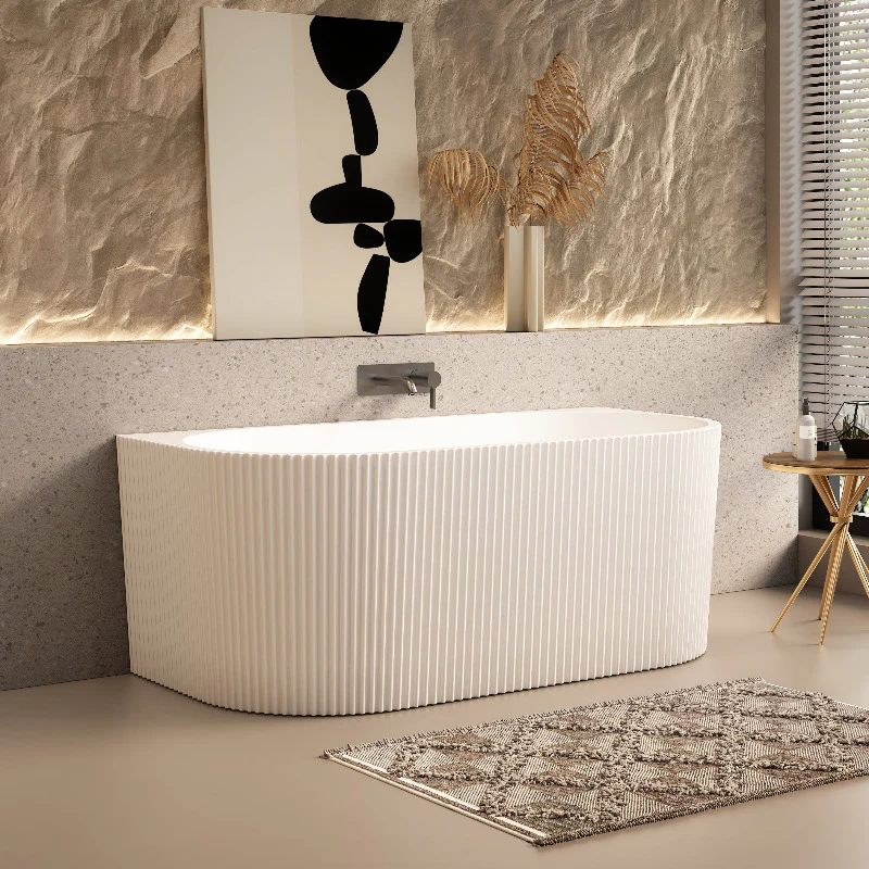 Ronda Fluted Matte White 1500mm V Groove Back to Wall Round Freestanding Bath