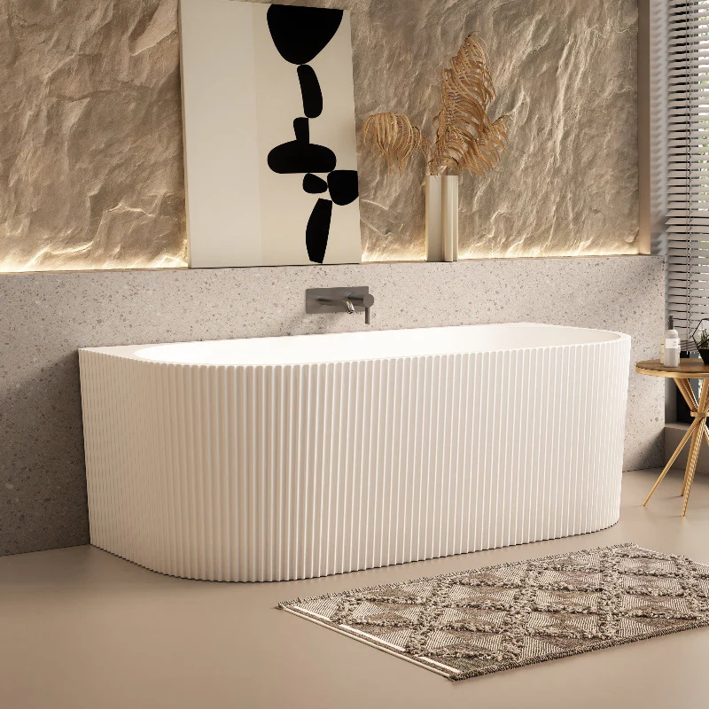 Ronda Fluted Matte White 1700mm V Groove Back to Wall Round Freestanding Bath