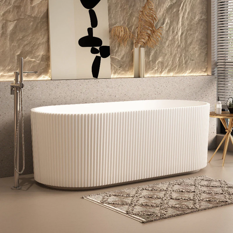 Ronda Fluted Matte White 1500mm V Groove Round Freestanding Bath