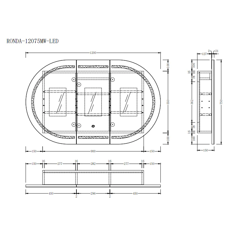 Ronda LED 1200mm Light Walnut Oval Shaving Cabinet - Image 4