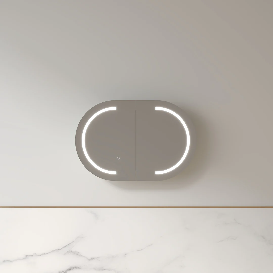 Ronda LED 900mm Light Walnut Oval Shaving Cabinet - Image 4