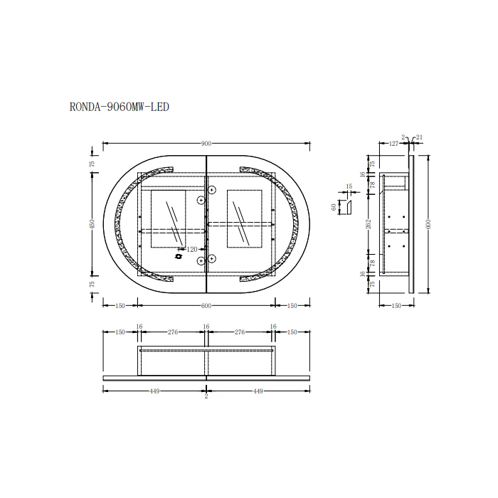 Ronda LED 900mm Light Walnut Oval Shaving Cabinet - Image 5
