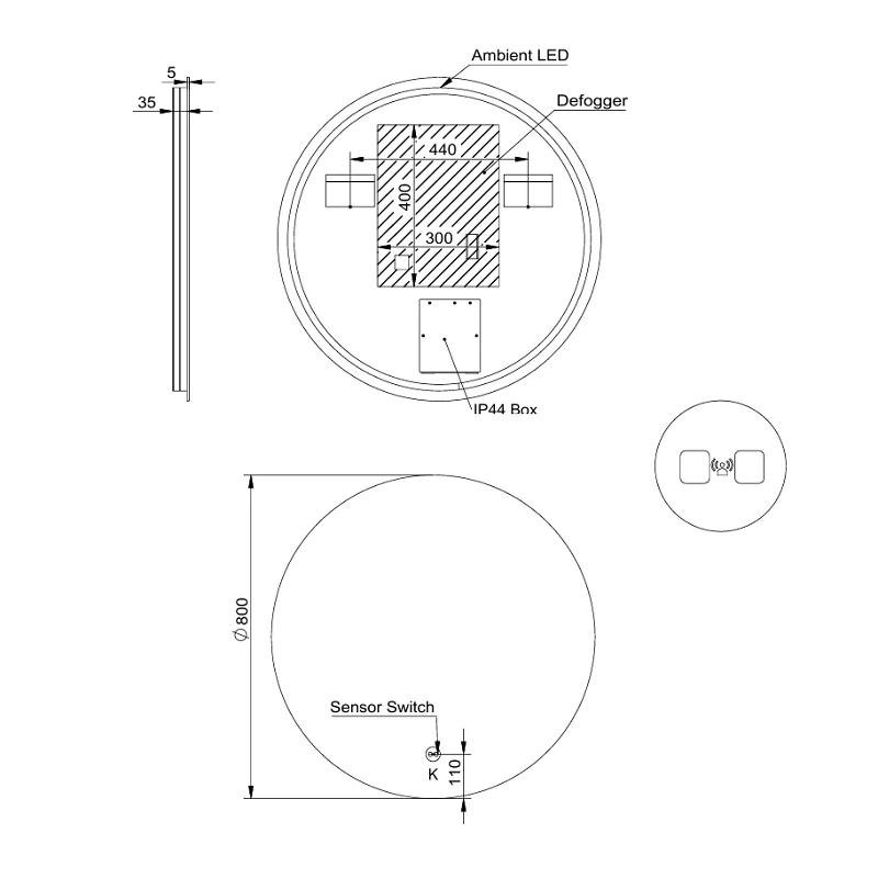 Round 800mm Frameless LED Mirror - Touchless Motion Sensor - Image 3