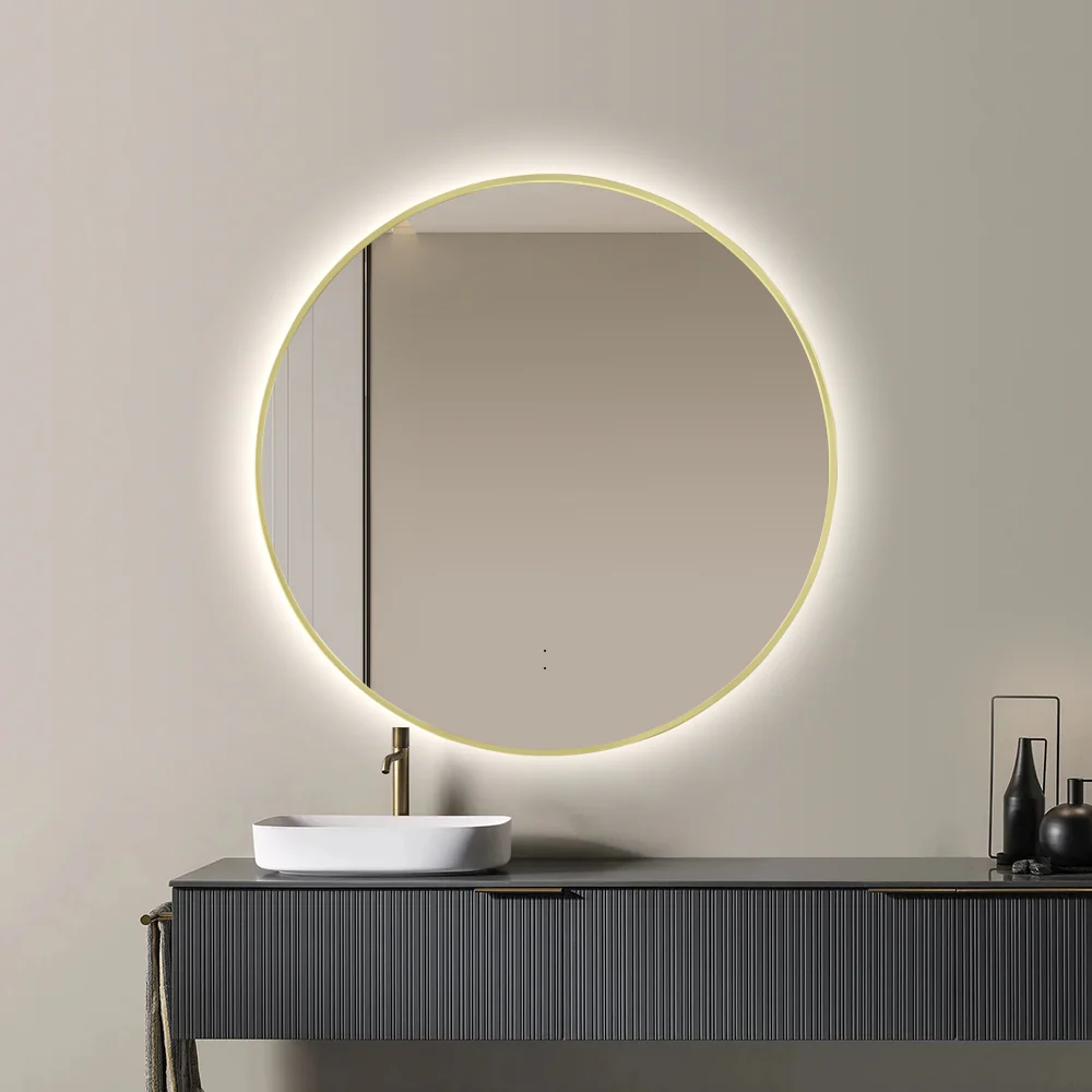 Round Touchless Back-Lit Brushed Gold 600mm LED Mirror - Three Light Temperatures - Image 2