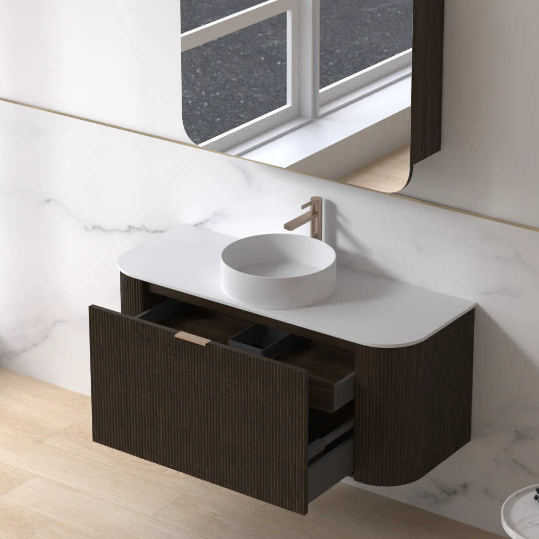 Siena 1200 Curved Fluted Black Walnut Wall Hung Vanity - Image 2