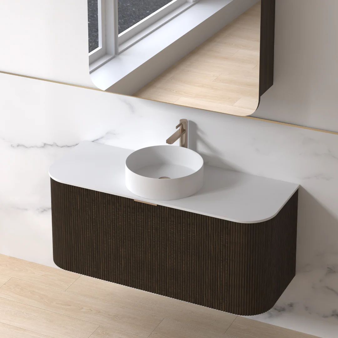 Siena 1200 Curved Fluted Black Walnut Wall Hung Vanity - Image 3