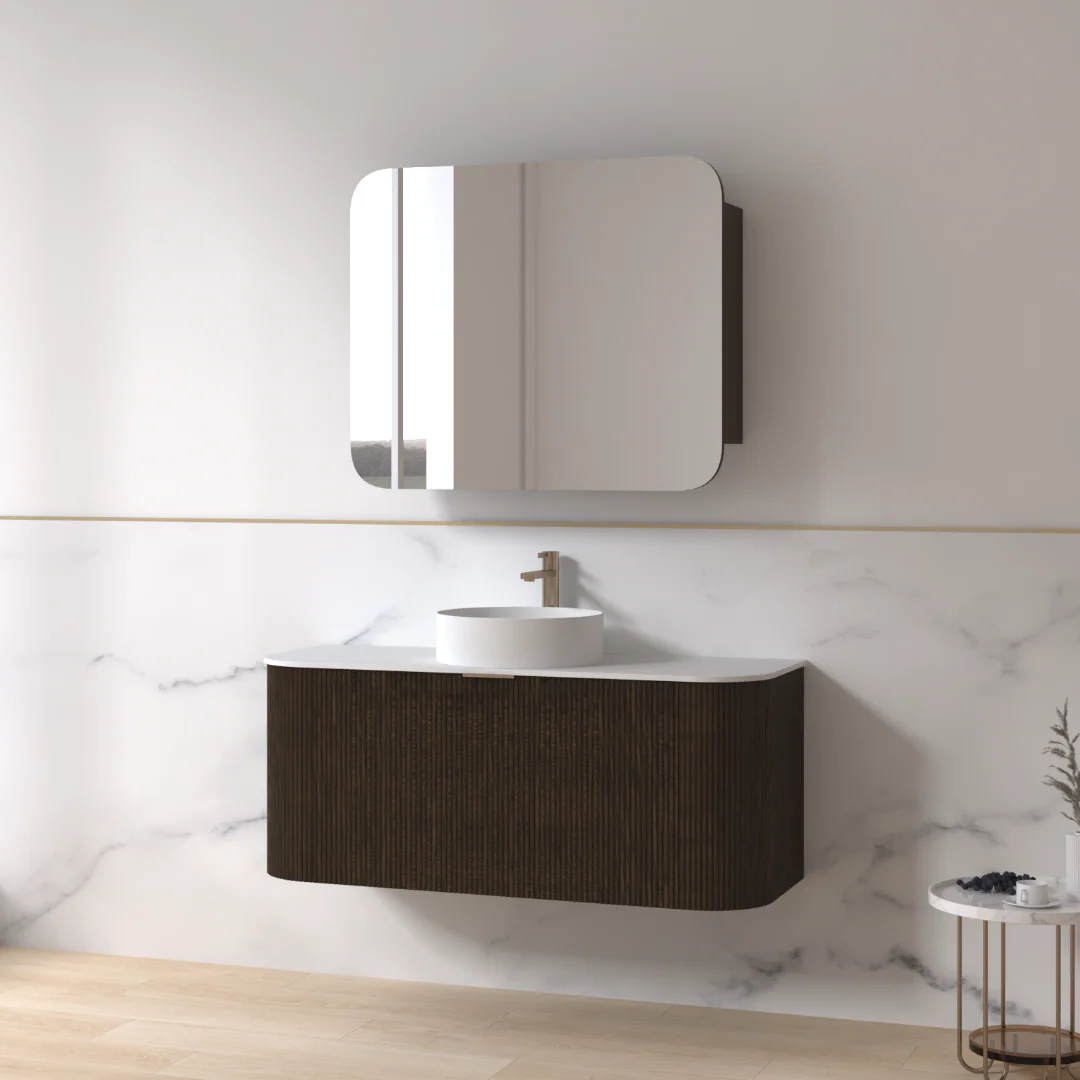 Siena 1200 Curved Fluted Black Walnut Wall Hung Vanity - Image 4