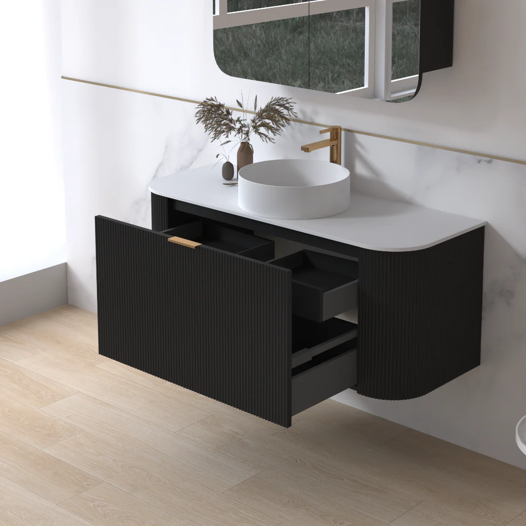 Siena 1200 Curved Fluted Matte Black Wall Hung Vanity - Image 2