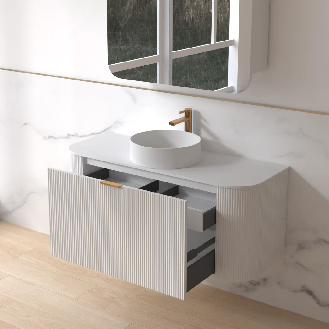 Siena 1200 Curved Fluted Matte White Wall Hung Vanity - Image 3