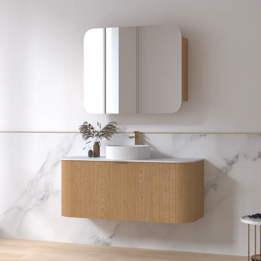 Siena 1200 Curved Light Walnut Fluted Wall Hung Vanity - Image 3