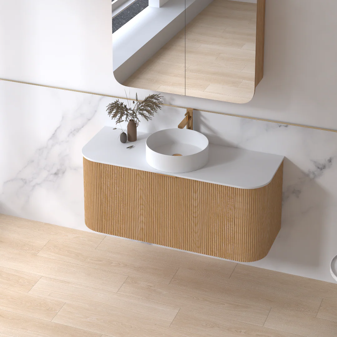 Siena 1200 Curved Light Walnut Fluted Wall Hung Vanity - Image 4