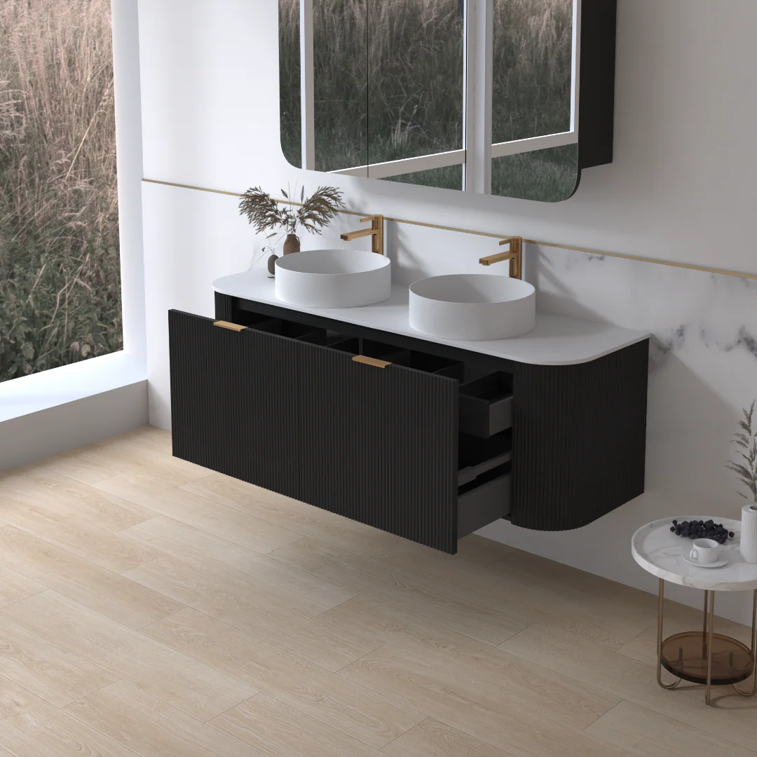 Siena 1500 Curved Double Fluted Matte Black Wall Hung Vanity - Image 2