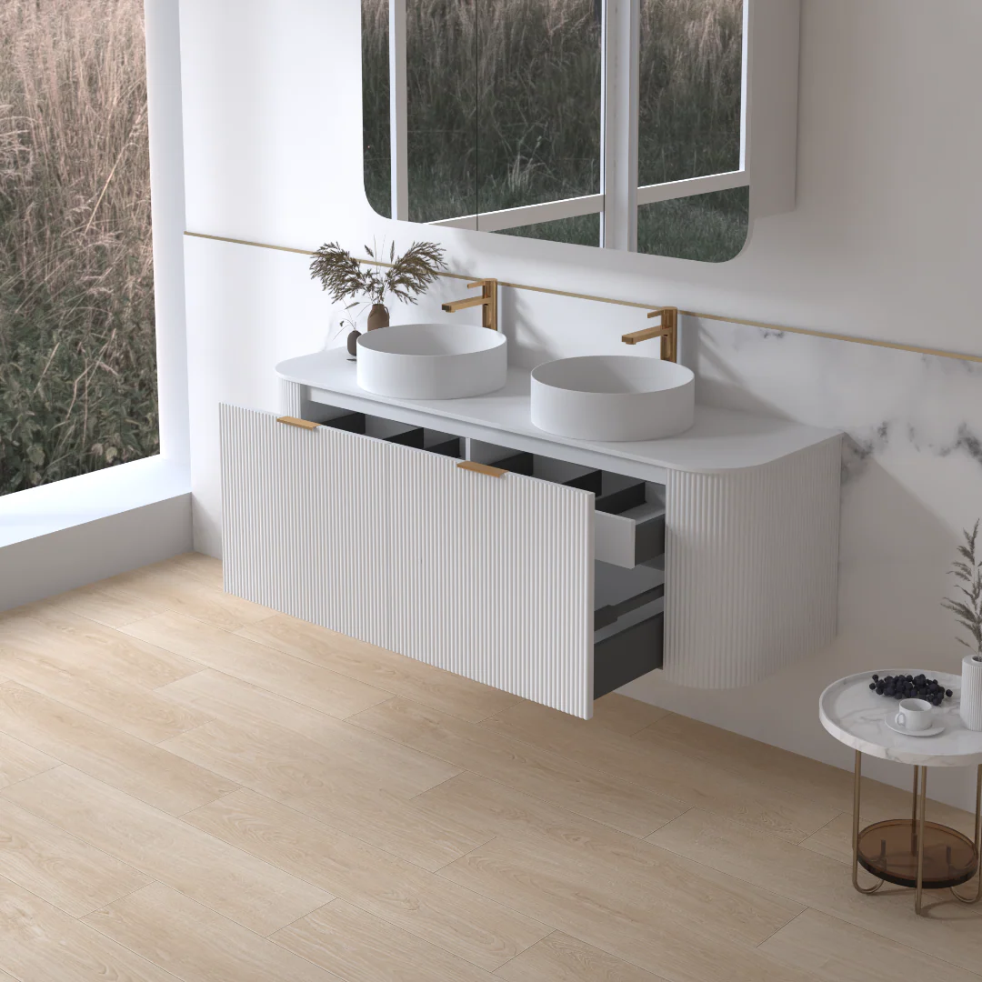 Siena 1500 Curved Double Fluted Matte White Wall Hung Vanity - Image 2