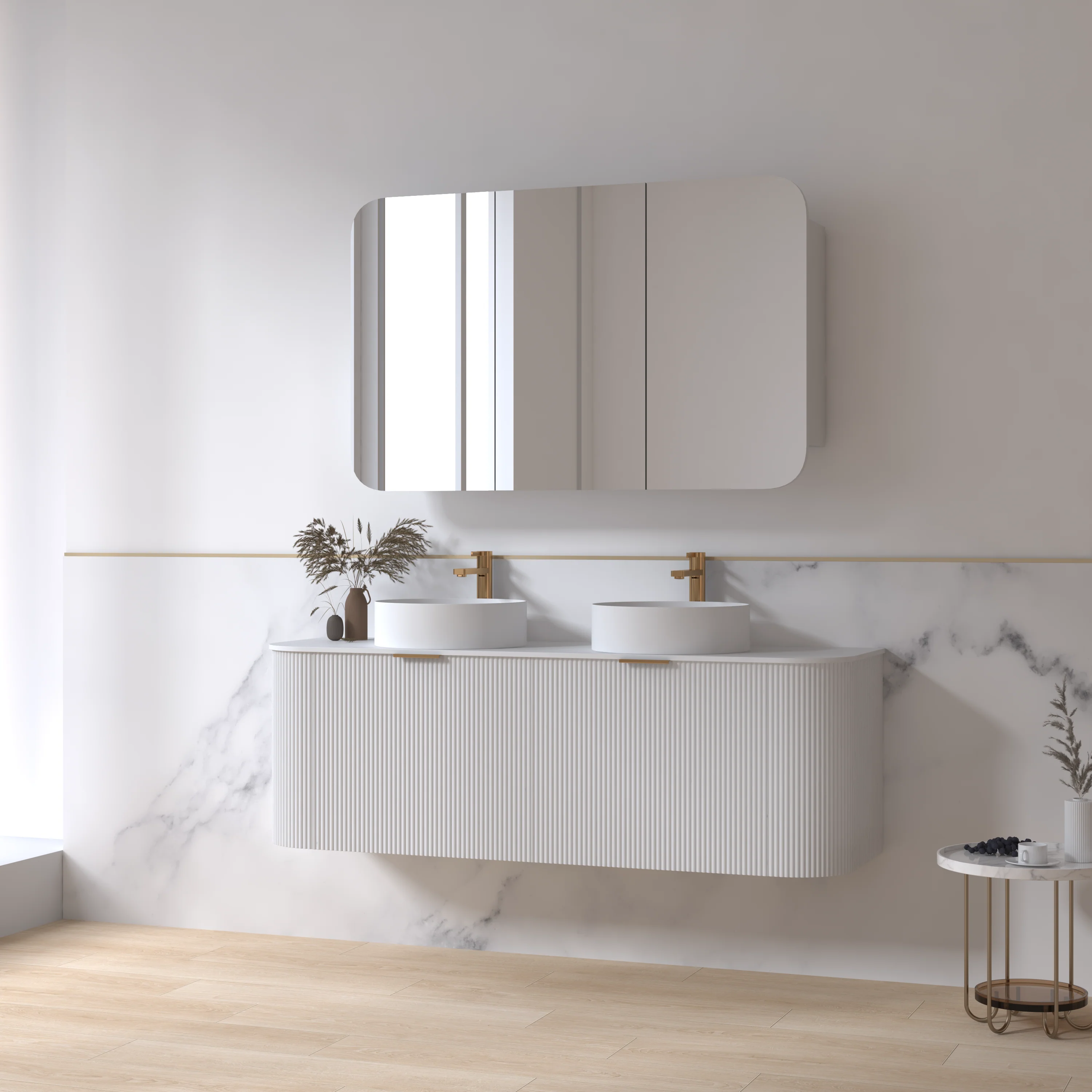 Siena 1500 Curved Double Fluted Matte White Wall Hung Vanity - Image 5
