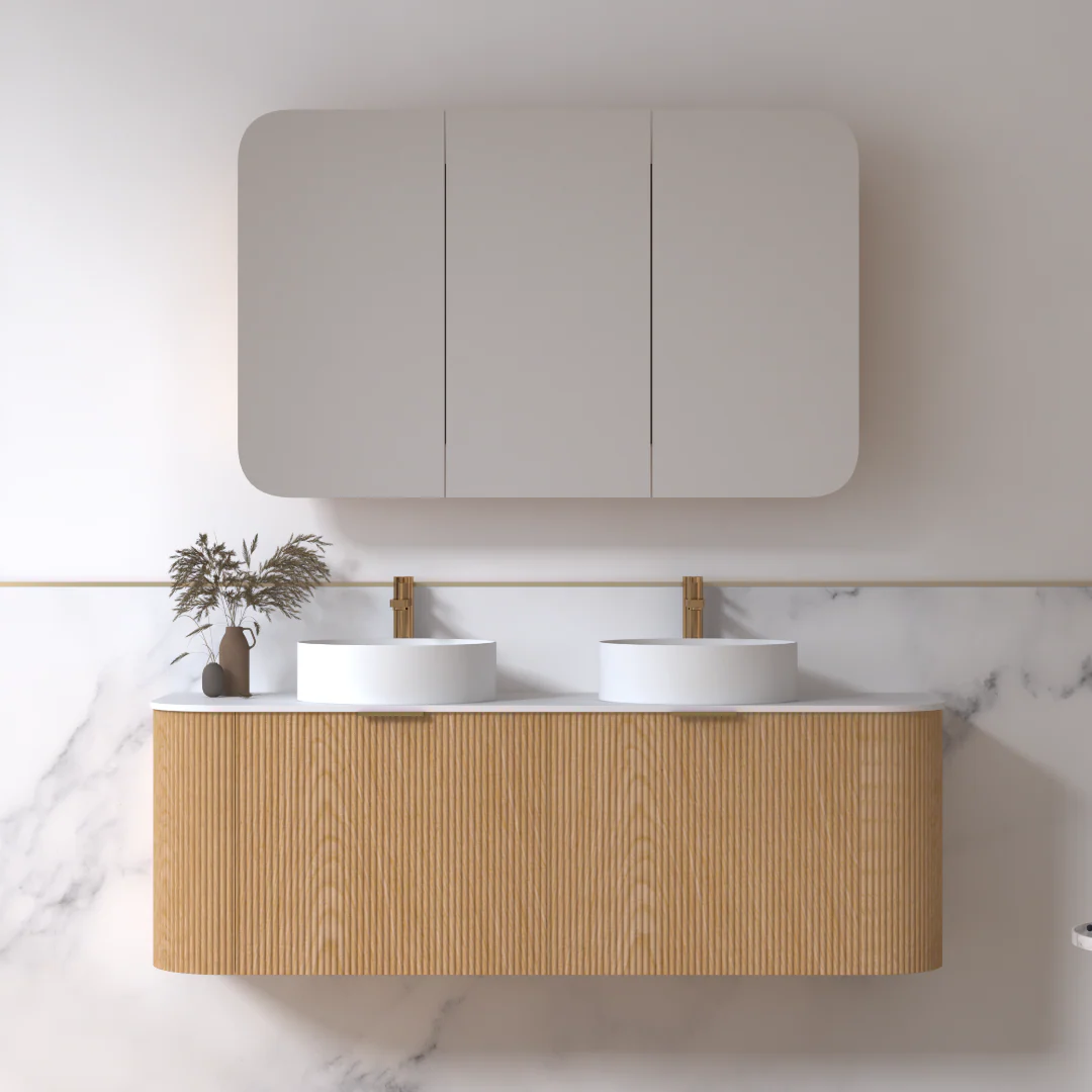 Siena 1500 Curved Double Light Walnut Fluted Wall Hung Vanity
