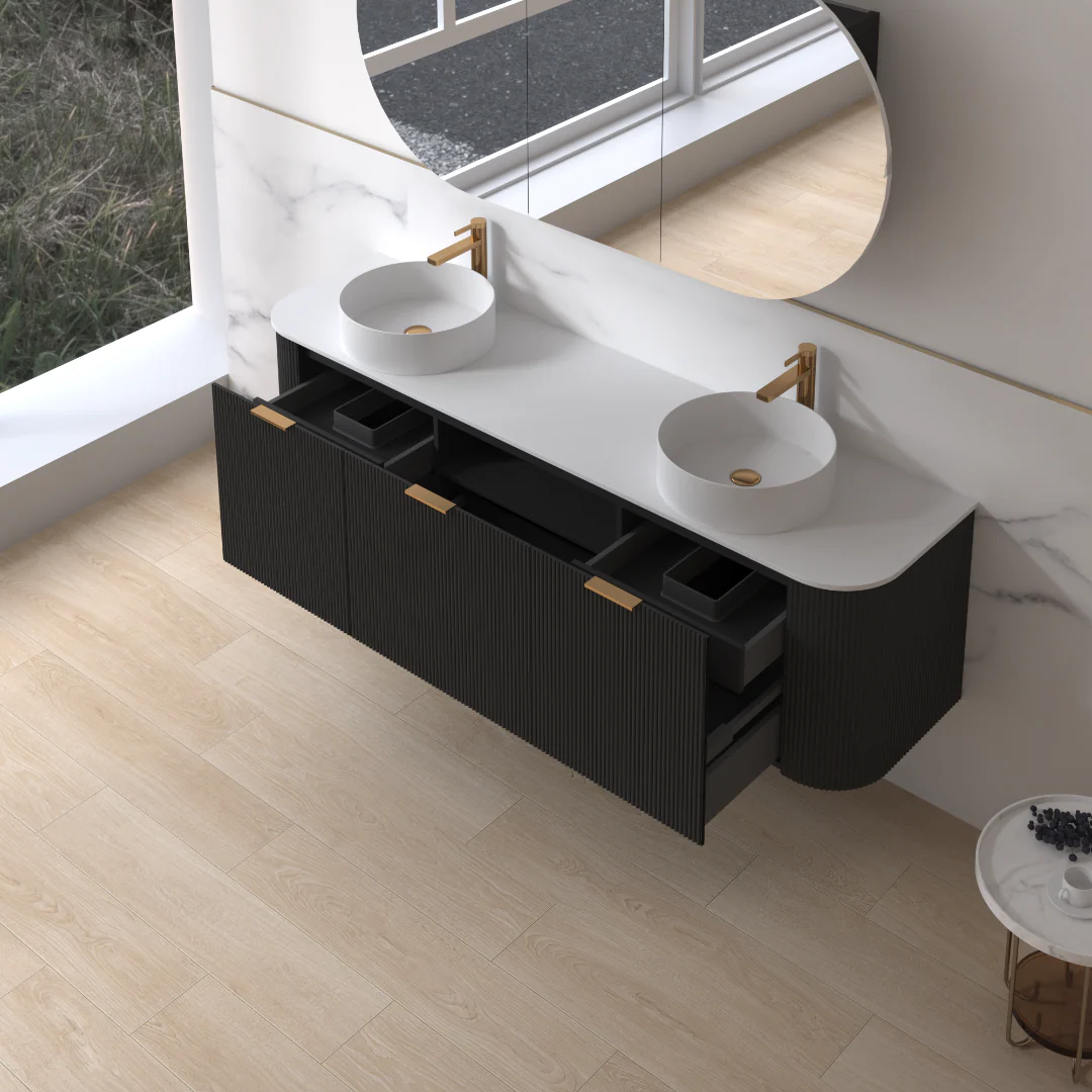 Siena 1800 Curved Double Fluted Matte Black Wall Hung Vanity - Image 2