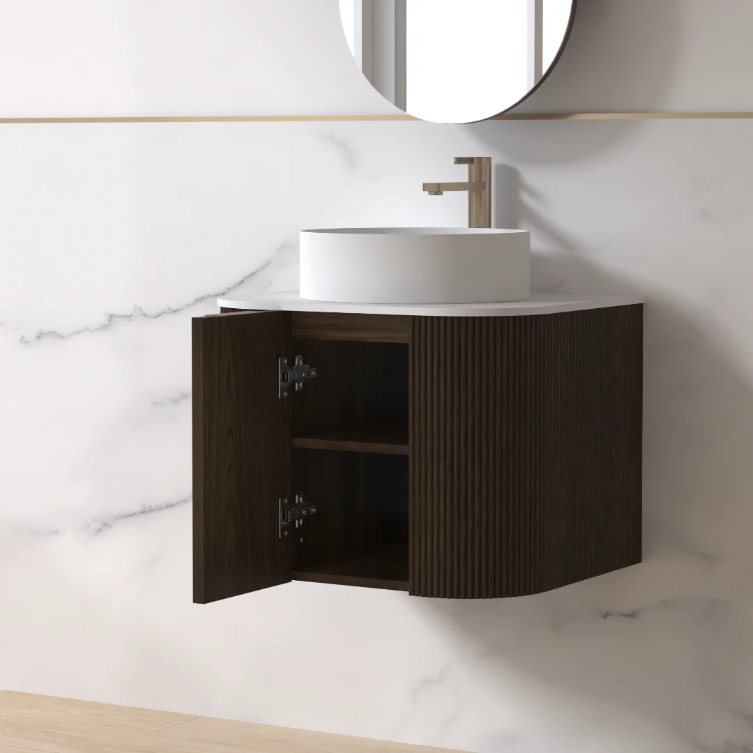 Siena 600 Curved Black Walnut Fluted Wall Hung Vanity - Image 2