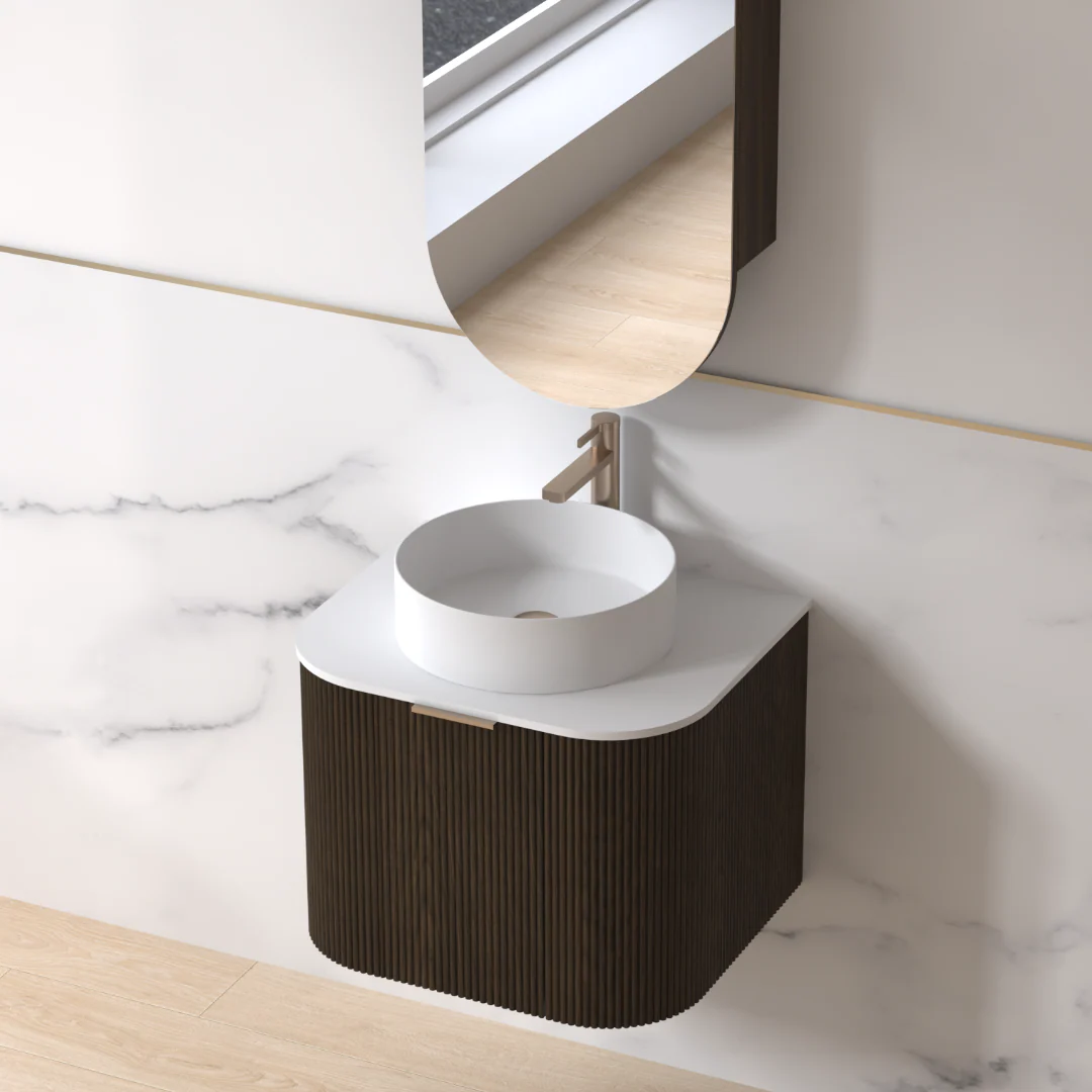 Siena 600 Curved Black Walnut Fluted Wall Hung Vanity - Image 3